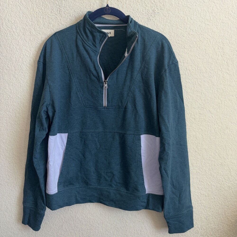 Pact Organic Cotton Sweater Colorblock Quarter Zip Pullover Teal Purple M Gym